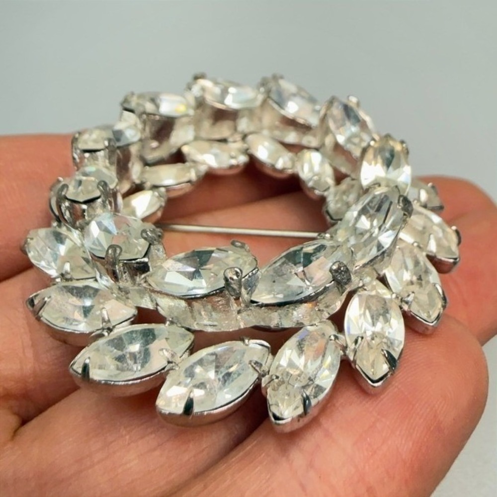 VTG Silver Tone Marquise Rhinestone Wreath Brooch Large Multi Layered Wreath MCM